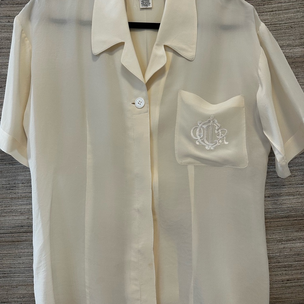 100% Silk Dior Cream Short Sleeve Blouse